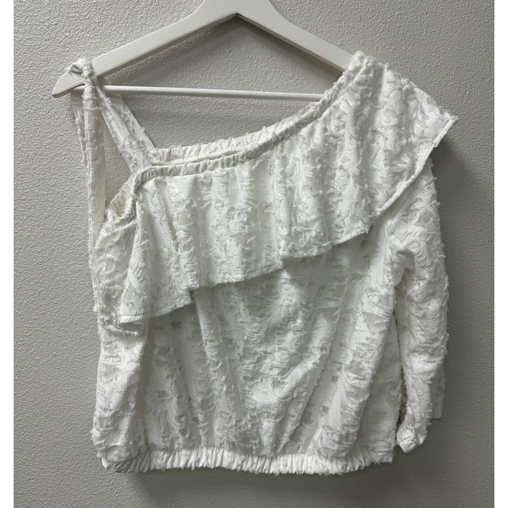 Lauren Conrad Womens White One Shoulder Ruffle Lace Textured Top Large - Picture 3 of 8